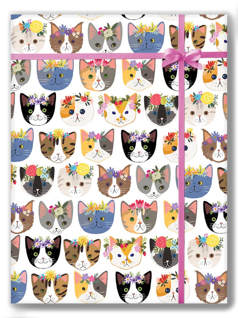 Colors of Rainbow Flat Sheet Wrapping Paper Featuring Cute Kitties Wearing Flower Crowns with a Floral Flair Gift Wrap (Kitty Cat) - Image 2
